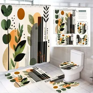1/4pcsBoho Bathroom Set 4 Pieces,Modern Nature-Inspired Shower Curtain Sets with Abstract Green Leaves,Stripes,Orange Circles,Toilet Lid Cover,Bath Mat,Floor Mat for Home Decor,Perfect for Spring/Summer Festivals Gift,Cohesive Earthy Tone Design for Cle