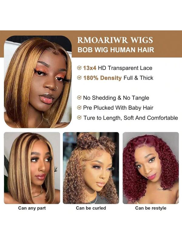 Highlight Bob Wig Colored 4/27 Highlight Bob 13X4 HD Lace Front Wig Straight Human Hair Pre Plucked With Baby Hair Ombre Brown Honey Blonde Bob Wigs For Women,8-16 inch,Natural Look for Everyday HD Lace Frontal Natural Looking Hair