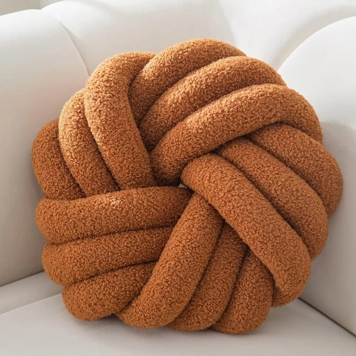 Brown Round Knot Pillow 14'' Round Throw Pillow, Soft Plush Knot Round Pillows Decorative, Modern  Decorative Cushion for Bed, Bedroom, Sofa, Couch, Teen Room