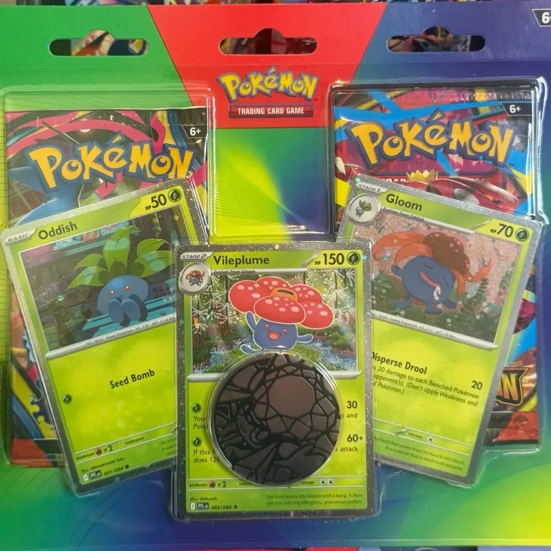 Pokémon TCG Oddish Evolution Collection, Metallic Coin, 2 Boosters - Includes Foil Vileplume & Gloom