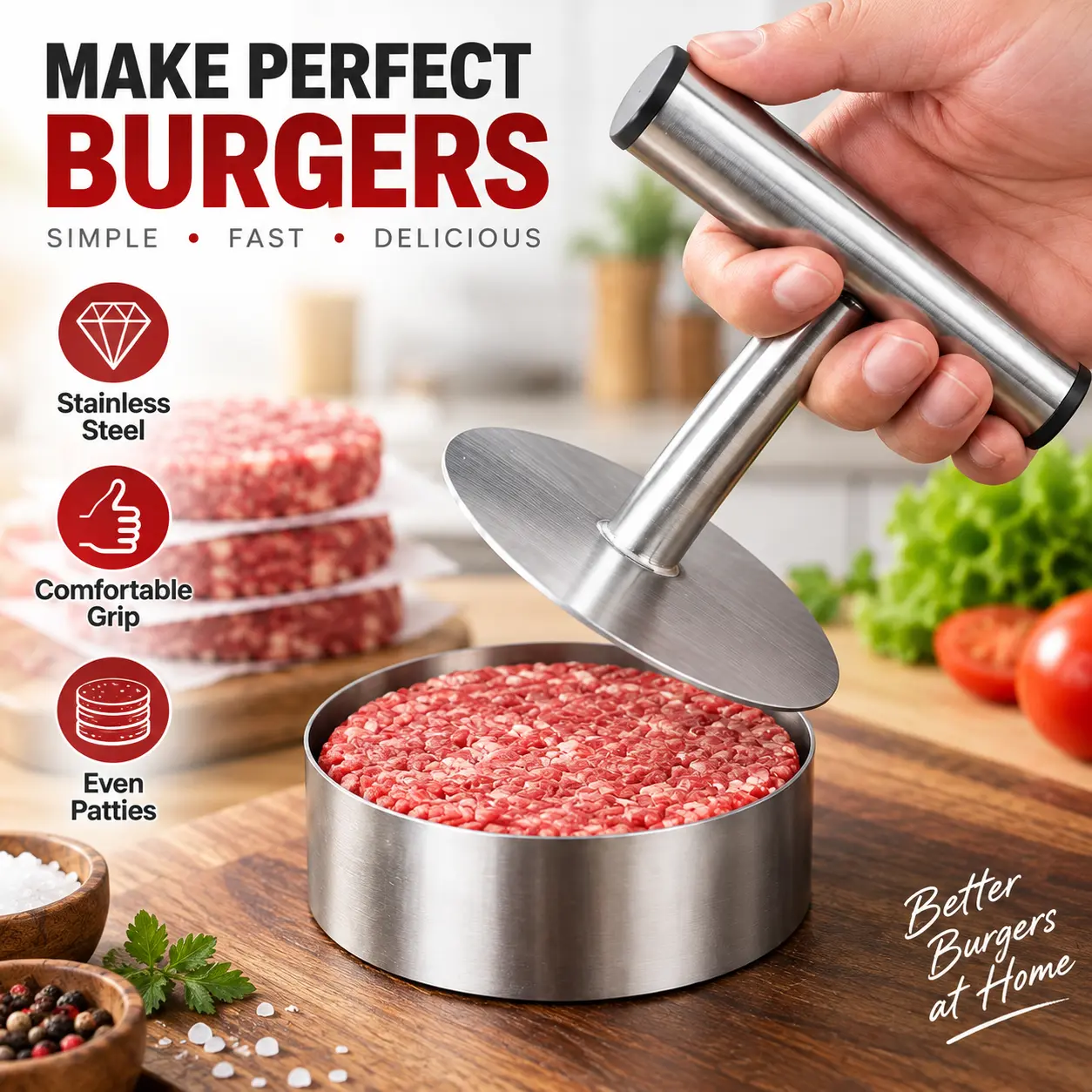 Food-Grade Stainless Steel Burger Press Hamburger Patty Maker Mold - Kitchen Utensils for Ground Beef, Rice Cakes & Dough, Reusable BBQ & Home Cooking Tool