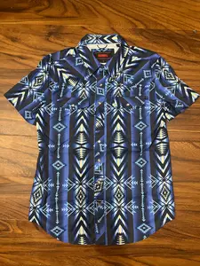 Men's Stylish Classic Casual Short-Sleeve Tek Snap Shirt, Blue Aztec Print, Menswear Casual Top