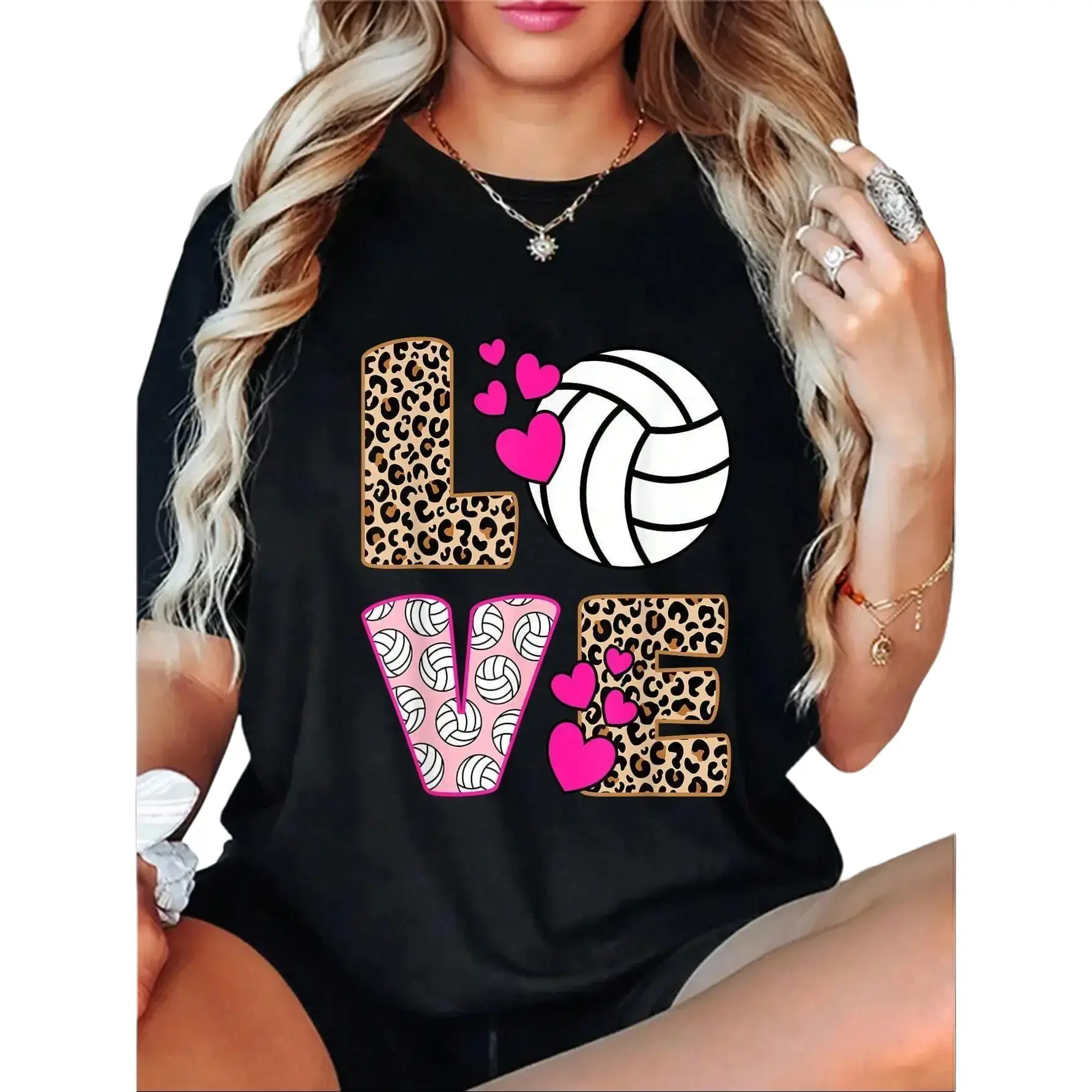 100% Cotton Cute Love Volleyball Leopard Print Women Ladies Volleyball T-Shirt Breathable Fabric