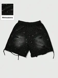 Unisex Black Rhinestone Distressed Shorts, Oversized Shiny Cargo Sweatshorts, Drawstring Waist, Adjustable, Y2K Streetwear, Summer Essential, Party Outfit, Clubwear, For Streetwear Lovers & Trendy Gift Ideas