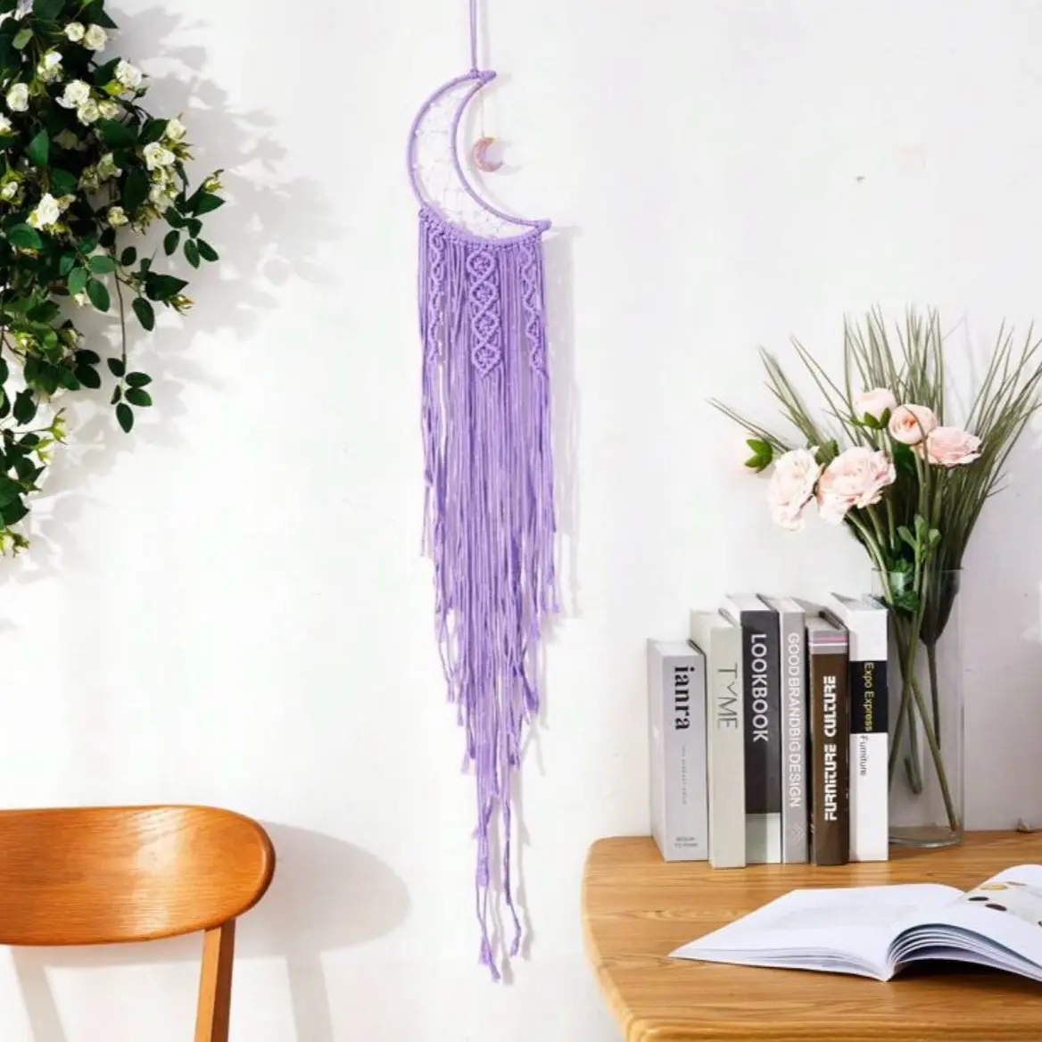 Lavender Crescent Moon Dream Catcher with Light for Room Decor and Gifts - Hanging, Ornaments
