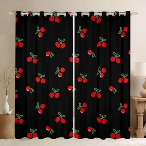 Red Cherry Window Drapes,Kawaii Blackout Curtains,Cute Cherry Curtains for Bedroom Living Room Decor,Black Red