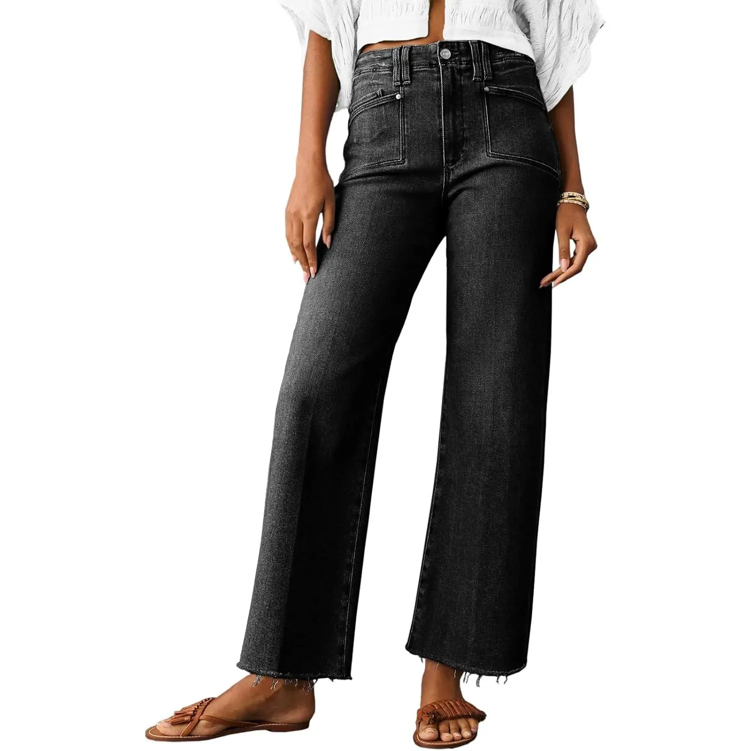 Imily Bela Women's High-Waisted Loose Straight Jeans - Stretchy Washed Denim, Raw Hem, Cropped, Streetwear Bottoms for Lady, Teen Style, 90S Look, Urban Jeans, Stone Wash Jeans