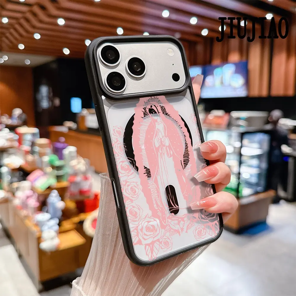 Aesthetic Pink Christian Virgin Mary Pattern TPU Magnetic Cellphone Cover - Shockproof, Non-Slip, Transparent Acrylic Protection, Wireless Charging Support for iPhone 11/12/13/14/15/16/17 Pro Max/Air Mobile Phone Accessories