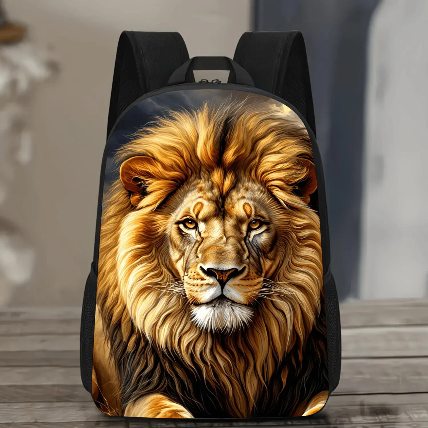 Unisex 2D Lion Flat Print Backpack - 17-Inch Large Capacity Casual Laptop Bag with Water Bottle Holder, Lightweight Durable Basic School Travel Bag, Zipper (Holiday Gift Option)