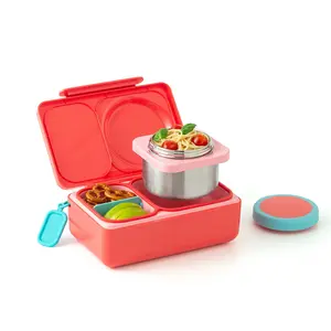 Insulated Bento Plastic Lunch Box for kids with 12 oz Stainless Steel Thermos and Ice Pack-