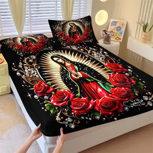 3pcs Religious Themed Bedding Set, Our Lady of Guadalupe Red Rose Printed Fitted Sheet Set, Suitable for Catholic Faith Group Bedroom and Guest Room Bed Decoration Soft and Comfortable, Including 1 Fitted Sheet and 2 Pillowcases, Decorative Bedsheet Sets