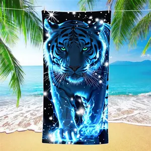 Neon Blue Tiger Starry Beach Towel, Quick-Dry Microfiber Sandproof Blanket, Summer Beach Pool Party Vacation Essential
