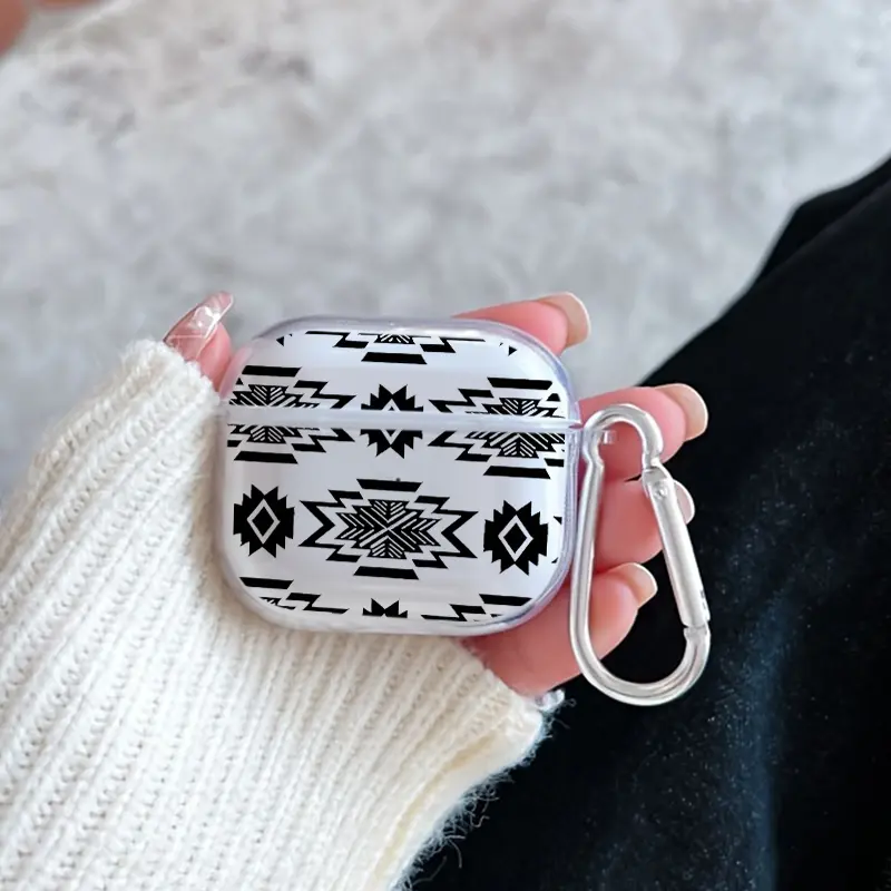 Geometric Tribal Echo Pattern Protective Case for AirPods 4/3/2/1/Pro/Pro2 Soft TPU Earphone Cover, Transparent with Keychain