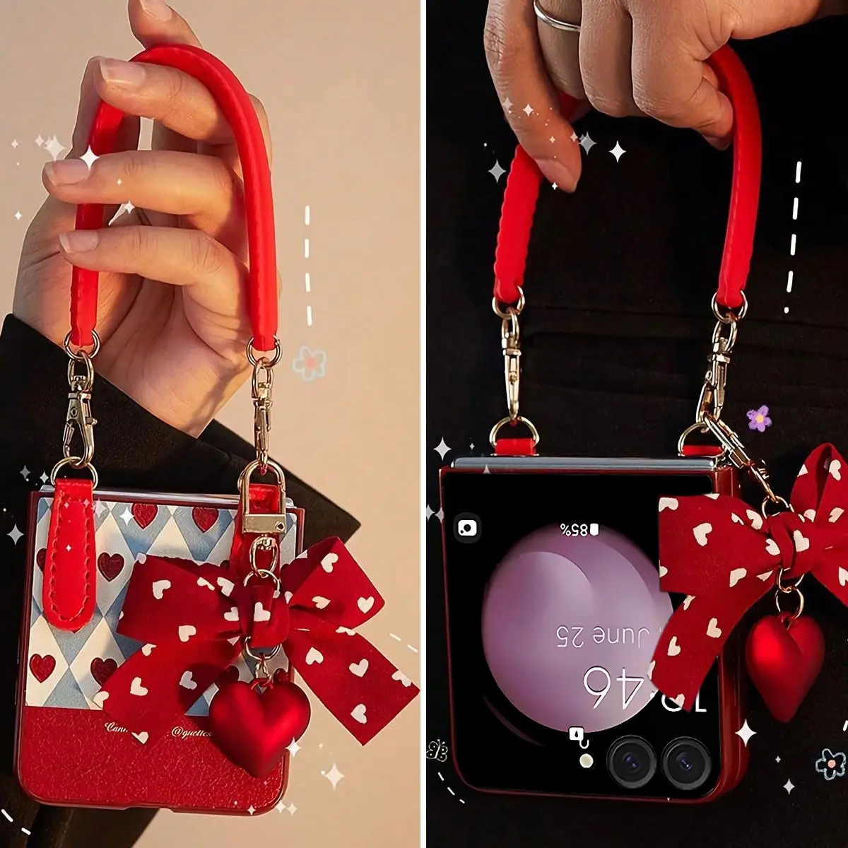 A PC backplate surface PU leather phone case / a carrying strap / a butterfly heart pendant, compatible with Samsung Galaxy Z Flip 8, Z Flip 7, Z Flip 7 FE, Z Flip 6, Z Flip 5, Cellphone Accessory