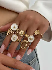 7-Piece Women's Fashion Stackable Rings, Vintage Boho Chunky Star Shell Ring Set, Casual All-Season Jewelry Gift for Mom and Girlfriend