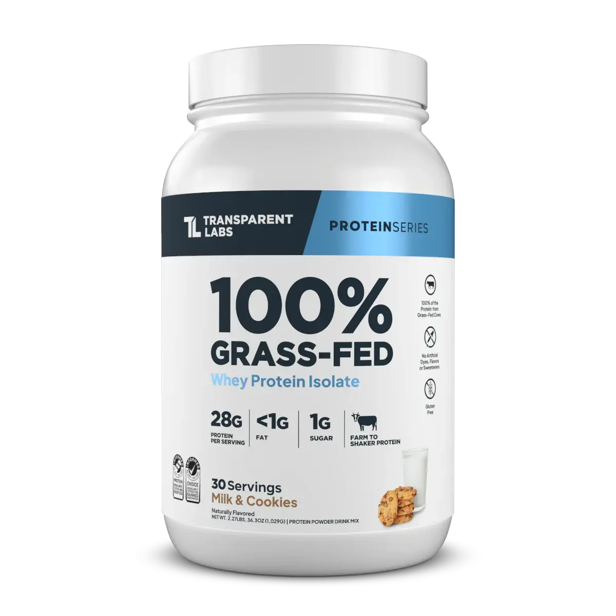 Transparent Labs 100% Grass-Fed Whey Isolate Protein Powder - Milk & Cookies Flavor, 28g per Serving, 30 Servings, Low Carb, Naturally Sweetened, Keto Option, Lean Muscle Booster, Fitness Dietary Protein Nutrition Supplement for Youth