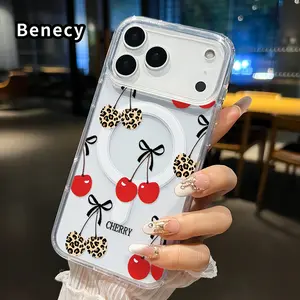 Magnetic Phone Case Supports Wireless Charging for iPhone 17 Pro Max 17 Air Cherry Bow Pattern Pattern Anti-Yellowing Shockproof durable ultra-thin Crystal Transparent Acrylic Large Hole Cover