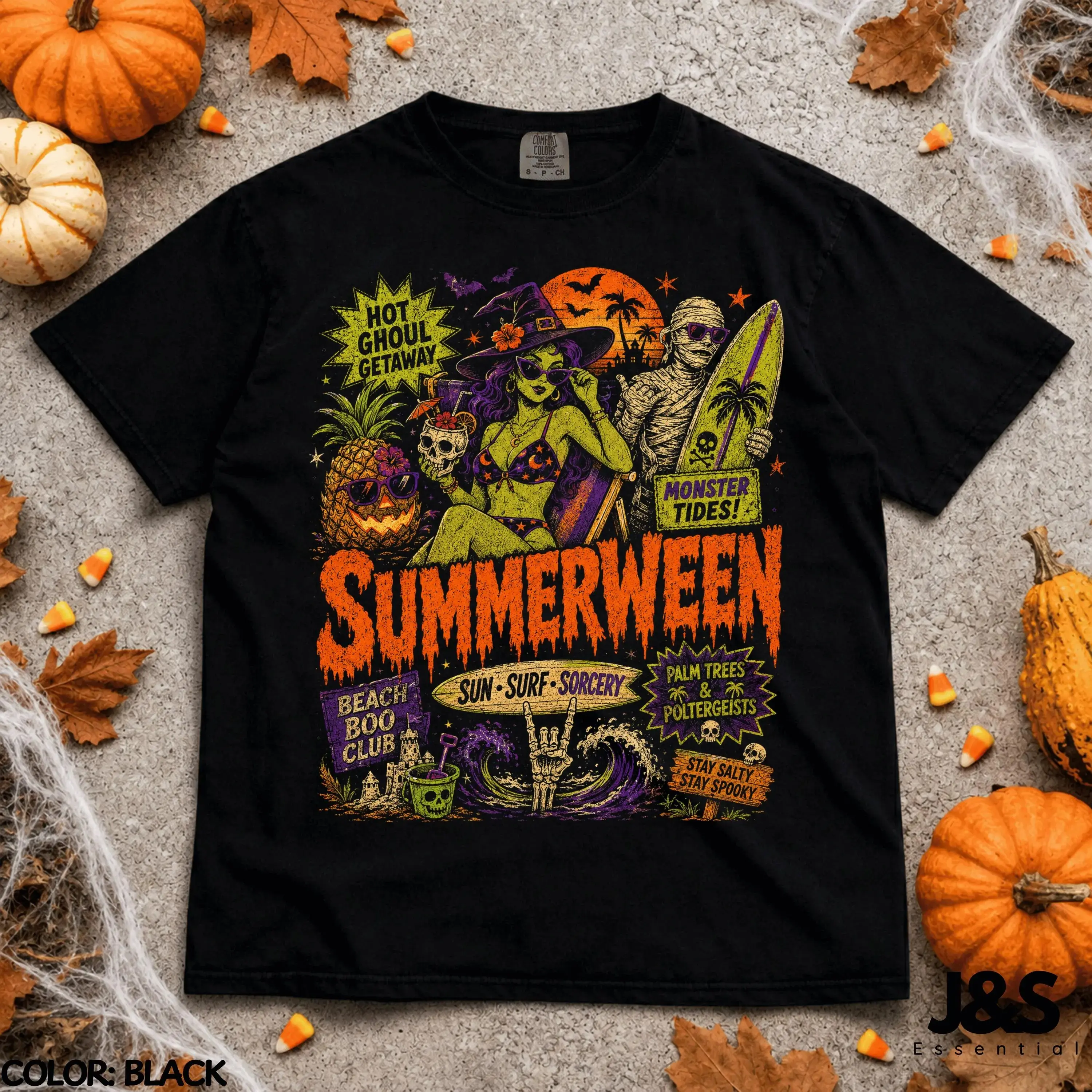 Comfort Colors Summerween Halloween T-Shirt, Surf Monster Beach Horror Tshirt, Retro Spooky Summerween Tee, Vintage 90s Halloween Graphic Gift, Cozy Halloween Gift for Women & Men