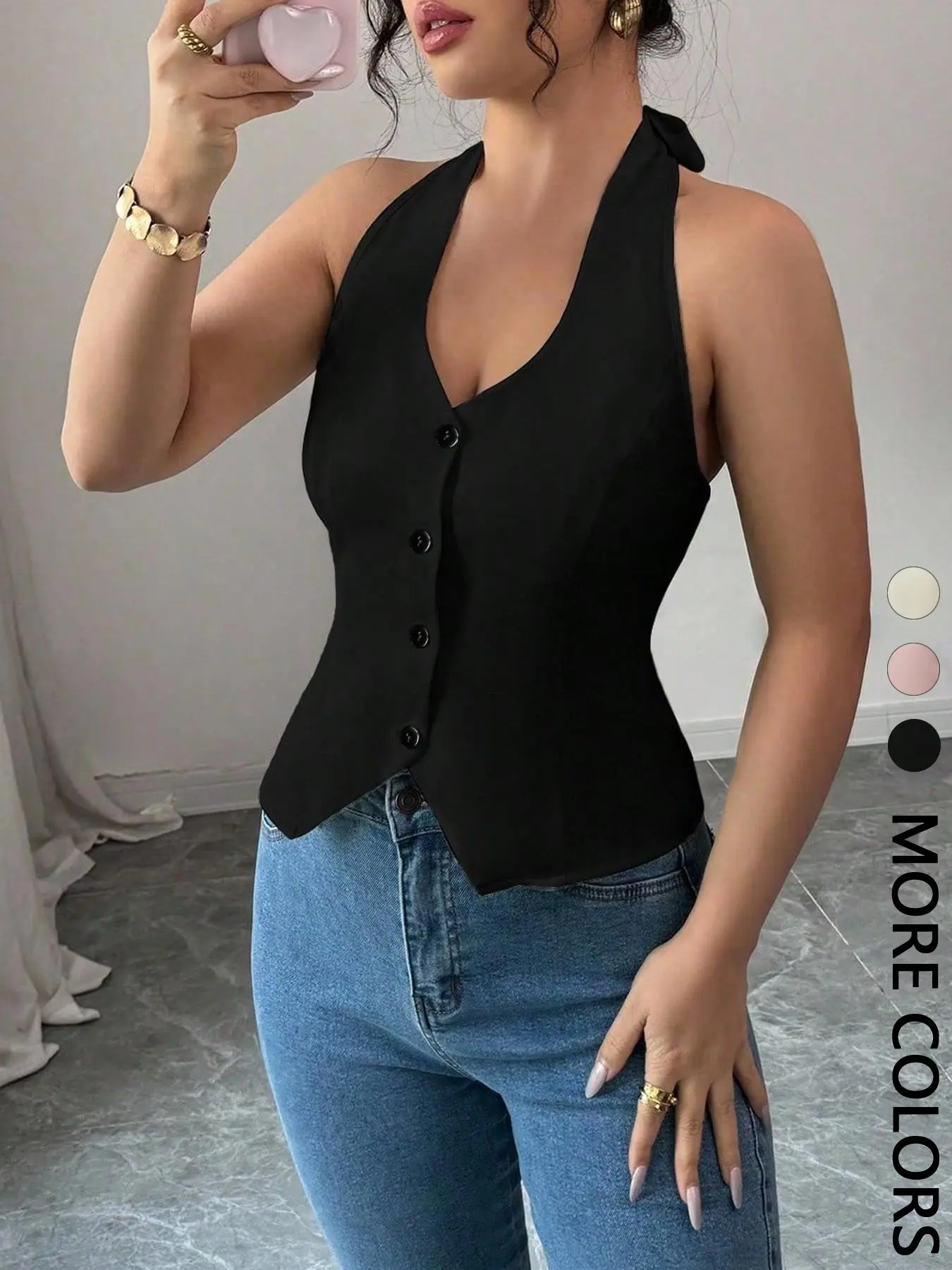 Women's Solid Color Halter Neck Top, Adjustable Button Front Design, Tie Back Closure, Waist-Flattering Cut, Breathable Fabric, Casual & Date Night Wear, Modern Chic Style, Halter Cami Top, Buttons Cami Top, Fitted, Casual Camisole, Womenswear