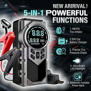 10-in-1 car, Car tool kit, battery repair kit including 8000A battery booster starter and 180 PSI air compressor, 8000MAh battery pack, tire pressure monitor, flashlight, jumper connector and inflation accessories, emergency rescue equipment