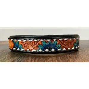 Handcrafted Padded Leather Tooled Dog Collar Blue Sunflower