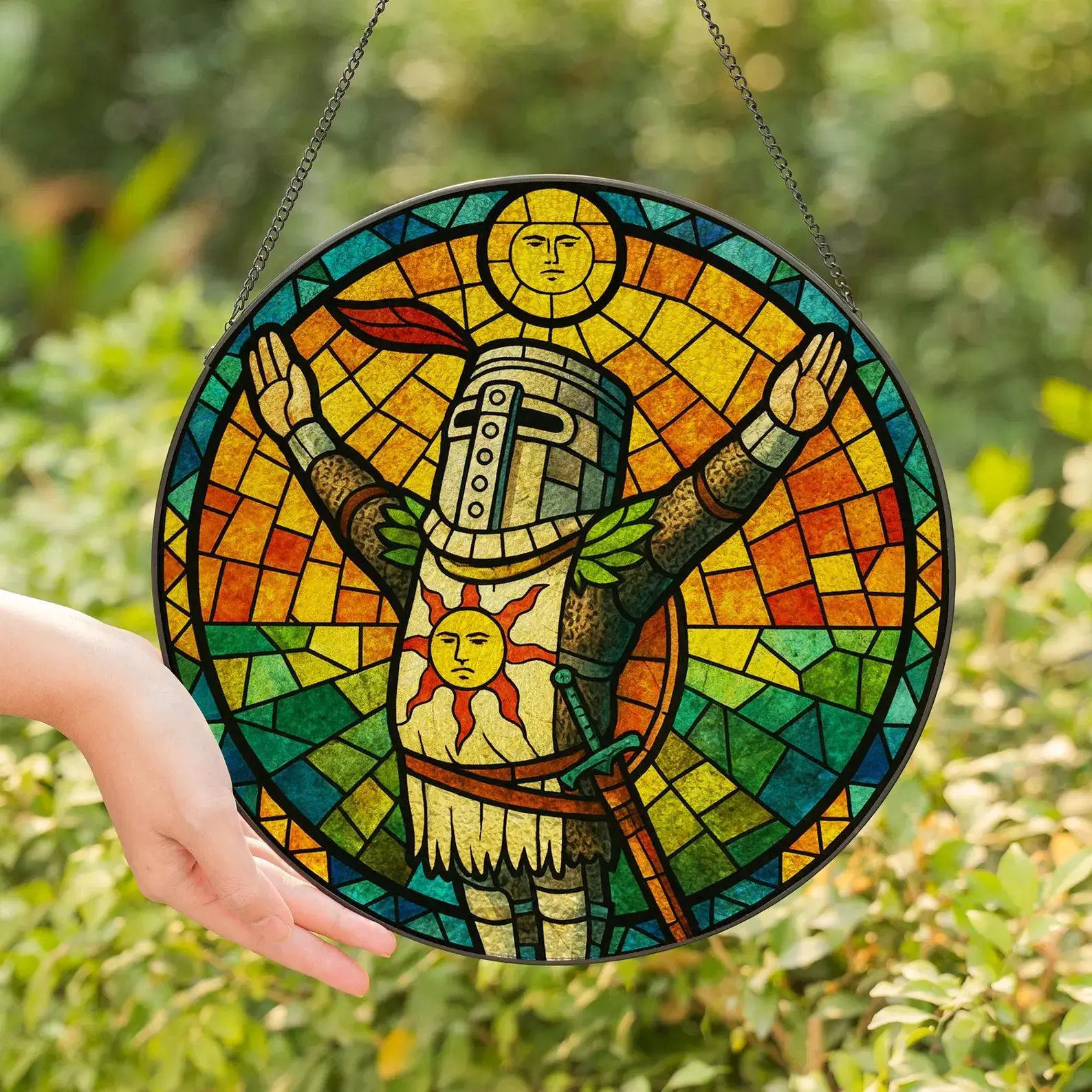 Dark Souls Solaire of Astora Praise The Sun Suncatcher, Stained Glass Style Acrylic Window Hanging Panel, Premium Gamer Room Decor, Sun Catcher Gift for Soulsborne RPG Video Game Fans