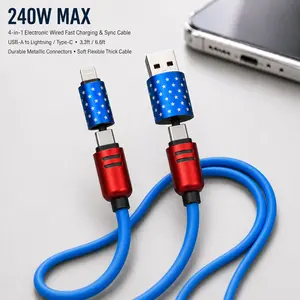 4-in-1 Electronic Wired Fast Charging & Sync Cable (3.3ft/6.6ft), American Flag Inspired Red White Blue iPhone Charger Cord with Durable Metallic Connectors, Soft Flexible Thick USB-A to Lightning/Type-C for iPhone/iPad - Home, Car Use