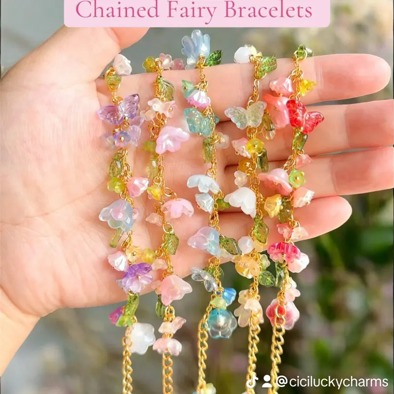 Handmade Fairy Bracelet - Custom Fairycore Floral Beaded, Chained Cottagecore Enchanted Jewelry, Magical Gift for Her