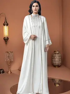 Abaya Two-Piece Set with Elegant Rhinestone Decorations, High Neck Long Dress and Robe, Perfect for Parties and Festivals