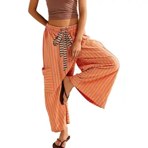 Women Drawstring Striped Pants Loose Wide Leg Lounge Pants Casual Palazzo Pants Trousers with Pockets