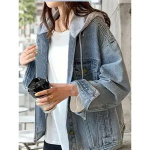 Women's Hooded Denim Jacket, Oversized Vintage Denim Jacket, Hooded Sweatshirt