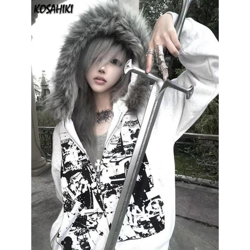 Harajuku Fur Patchwork Hooded Hoodies Men and Women Y2k Aesthetic Loose Pocket Streetwear Hoody Grunge Zipper Casual Sweatshirts