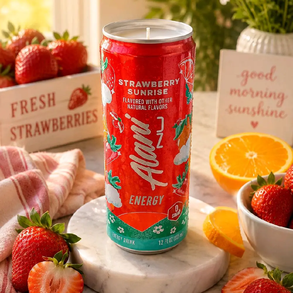 Alani Strawberry Sunrise Hand-Poured Soy Candle, housed in a Repurposed Skinny Can gift
