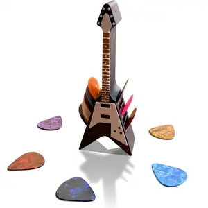 Guitar Pick Holder, Pick Display Holder, Mini Guitar Styling Holder with 5 Celluloid Guitar Picks, V-Shaped Guitar Holder for Guitar, Bass, Ukulele Players