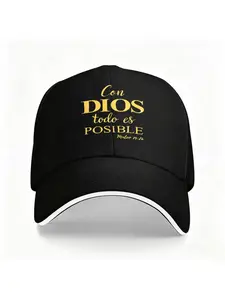 Trendy black baseball cap with white-edged brim design, gold text printing, and biblical verse logo. Simple and elegant style, suitable for both men and women, with adjustable head circumference, Adjustable Caps