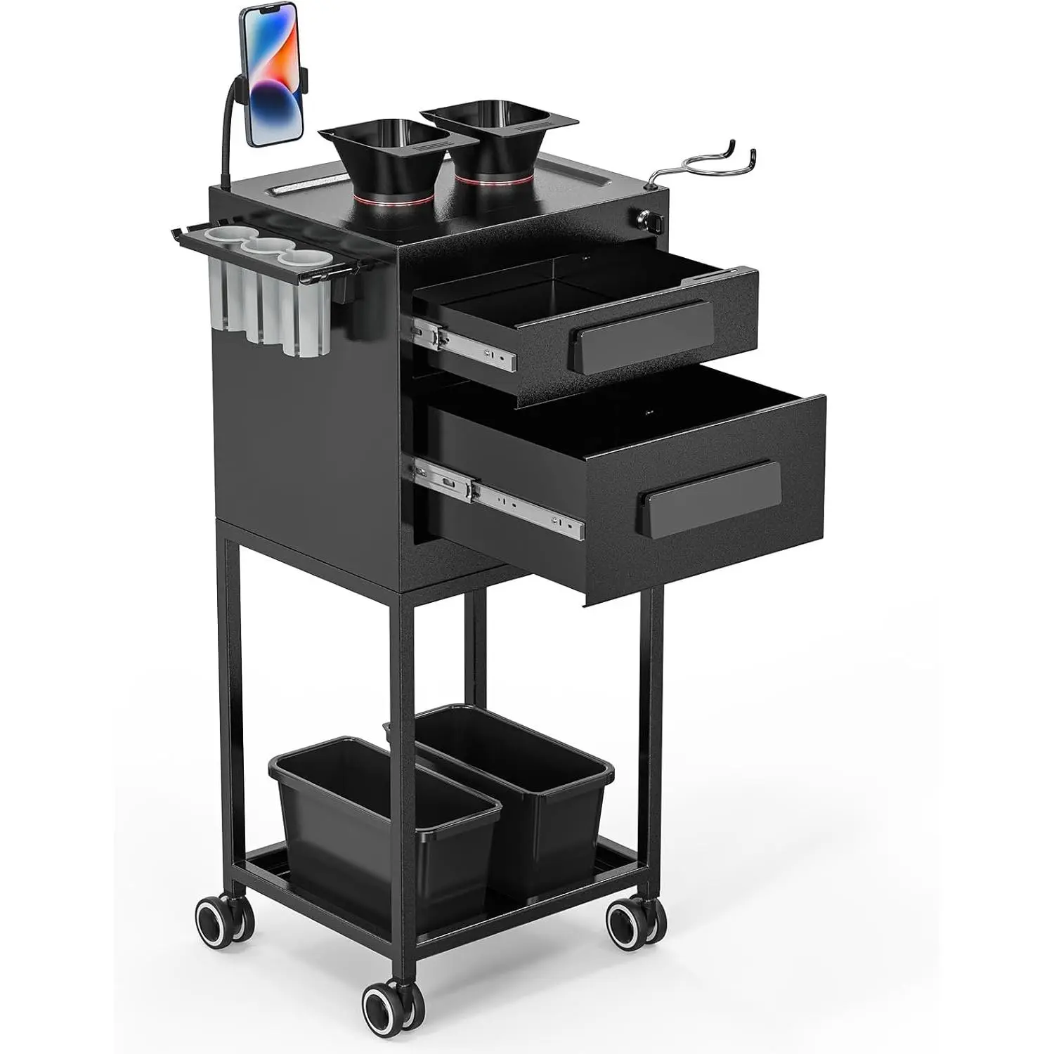 OmySalon Black Metal Commercial Salon Trolley Cart for Hair Stylists - Lockable Drawer Station, 2 Magnetic Bowls, 2 Storage Baskets & Salon Styling Tool