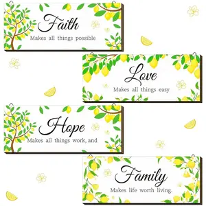 4 Piece Lemon Wall Sign Decor Set, Faith Love Hope Wooden Wall Plaques, Rustic Country Wall Decoration, Outdoor Summer Decor Gift, Home Decor Products Signage