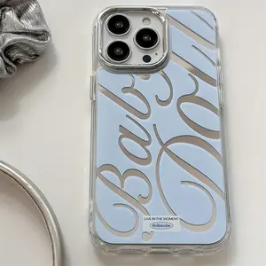 Blue Mirror Phone Cases with English Letters  For iPhone 16 15 14 13 12 11 Promax Plus Pro TPU Material