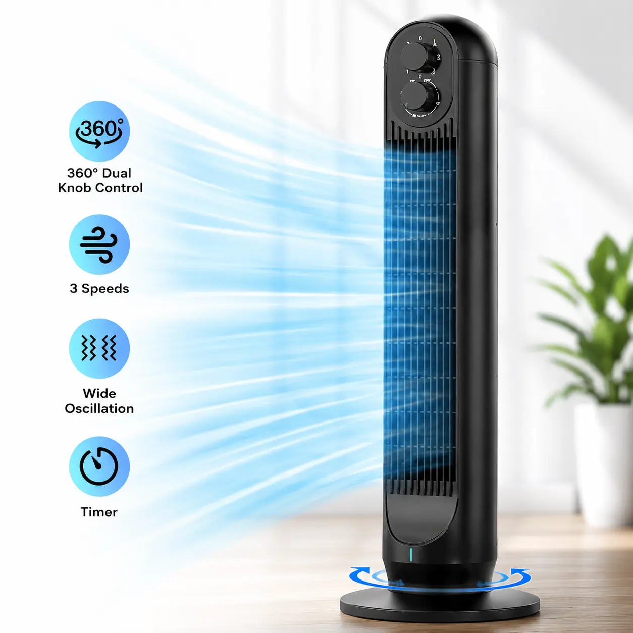 31" Tower Fan with 360° Dual Knob Control, Oscillating Standing Fan, 3 Speeds, Quiet Bladeless Cooling Fan for Bedroom, Office, Dorm & Small Spaces, Space-Saving Floor Fan, Back to School