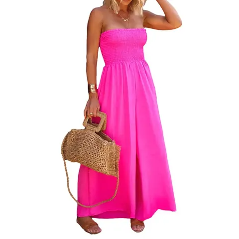 Women's Summer Sleeveless Strapless Wide Leg Jumpsuits Casual Loose Baggy Smocked Chiffon Jumpsuit Rompers with Pockets