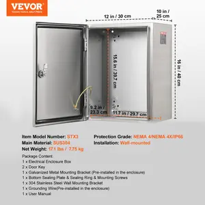 VEVOR Steel Electrical Box, 16x 12x 10, 304 Stainless Steel Electrical Enclosure Box, Wall-Mounted Outdoor Electrical Electronic Equipment Enclosure with Mounting Plate Hinges Lock, IP66 Waterproof