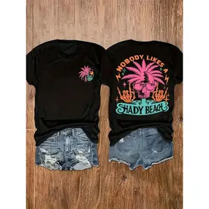 Women'S Double-Sided Printed T-Shirt - 100% Cotton Loose-Fit Short-Sleeve Round-Neck Top, Geometric Pattern And Beach Design, Machine Washable Spring/Summer Casual Shirt, Comfortable Vacation Apparel