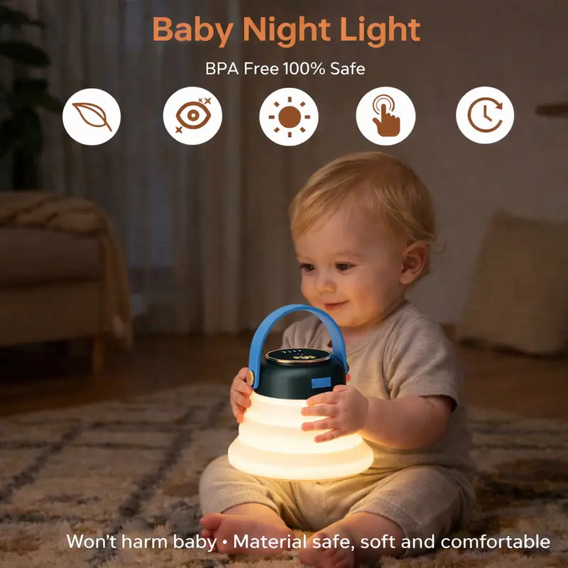 Foldable multi-color changing night lightwith 7 lighting colors,  Type-C rechargeable design.It creates immersive ambient lighting, andthis portable night light is suitable forbedrooms, outdoor camping and use as abedside lamp.