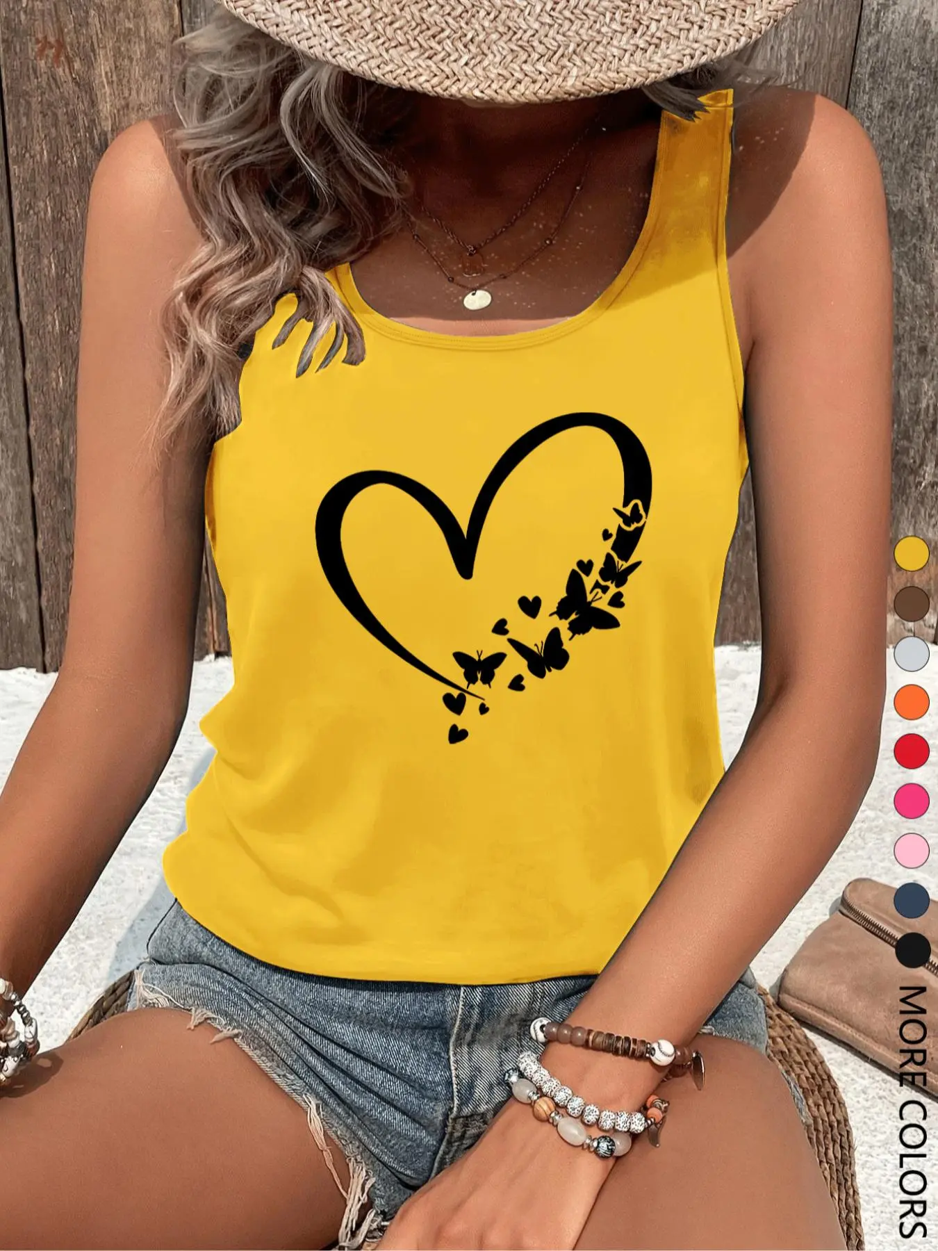 Women's Butterfly & Heart Print Tank Top, Casual Sleeveless Top for Daily Wear, Ladies Clothes for All Seasons, Womenswear