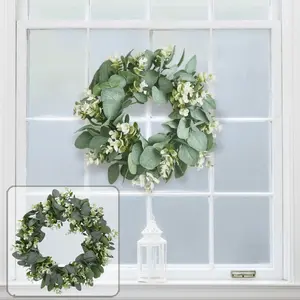 1 Pc Green Eucalyptus Round Wreath Artificial Farmhouse Wreath for Door Wall Window Decor
