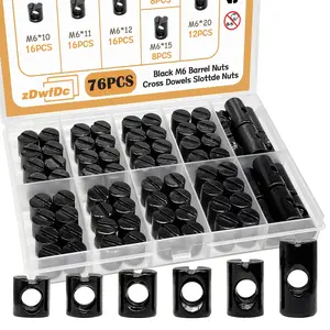 76PCS M6 Barrel Nuts M6 x 10mm/11mm/12mm/13mm/15mm/20mm Black Metric Cross Dowels Slotted Nut Kit DD027-bN