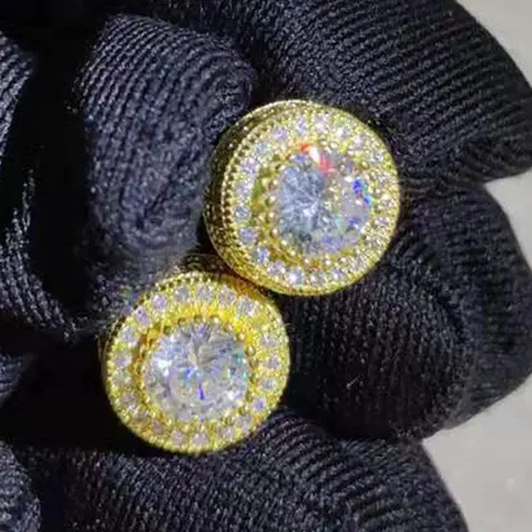Unisex Cubic Zirconia Stud Earrings - 14 Karat Fake Gold Earrings Jewelry, Hypoallergenic Round Openwork Men's Gold Jewelry Accessories, Men's Accessories