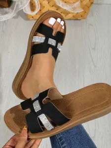 Fashion Casual Rhinestone Flat Sandals, PU Upper Material, Rubber Sole, Less Than Ankle Height, Medium Width, Plain Pattern