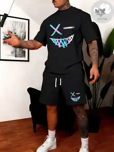 Men’s 2026 Fashion Casual Cotton Short-Sleeve Top and Shorts Set — American street style with smiley/skull print, a unique design. Comfortable, breathable, lightweight fabric for surfing, basketball, running, and all seasons. A premium set suitable as a g