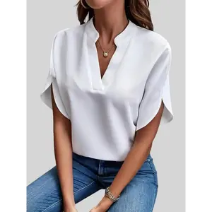 Women's Casual Solid Notched Neck Split Sleeve Blouse, Half Top with Drop Shoulder, Loose Fit for Summer, Ladies' Daily Wear